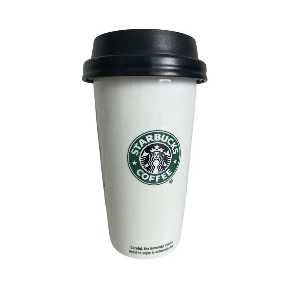 Starbucks Ceramic Siren Logo Travel Mug Cup Locking Lid White Green 12oz 2009 - Picture 1 of 11